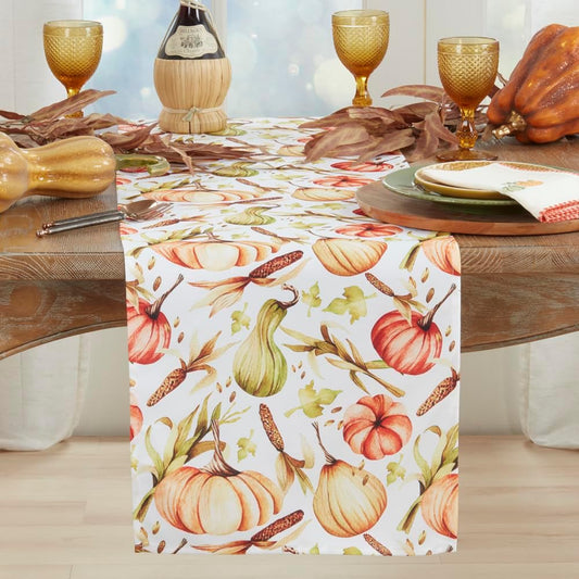 Fennco Styles Harvest Pumpkins Cotton Table Runner 16" W x 72" L - Multicolored Autumn Table Cover for Thanksgiving, Fall Festivals, Family Gatherings, Special Events and Home Décor