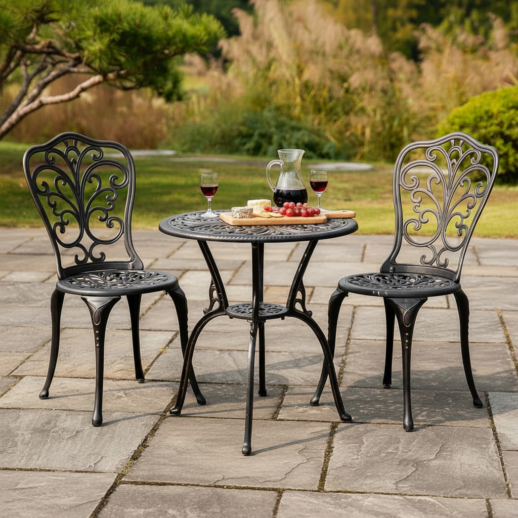 3 Piece Cast Aluminum Outdoor Patio Bistro Set With Umbrella Hole In Brown All Weather Durable
