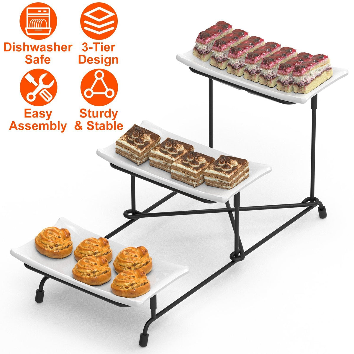 3-Tier Plastic Serving Tray Dessert Server Display Serving Stand Dinnerware with 3 Rectangular Plastic Serving Platters Metal Stand for Entertaining F GBruno Store