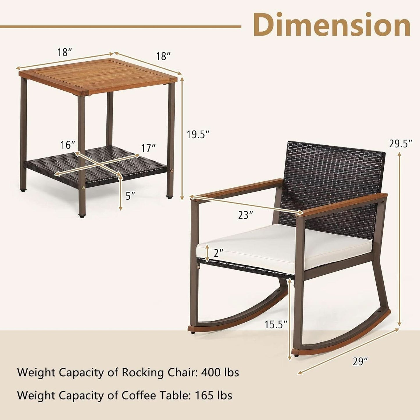 Three Piece Rocking Bistro Set With Cushions And Coffee Table For Outdoor Rattan Patio Off White