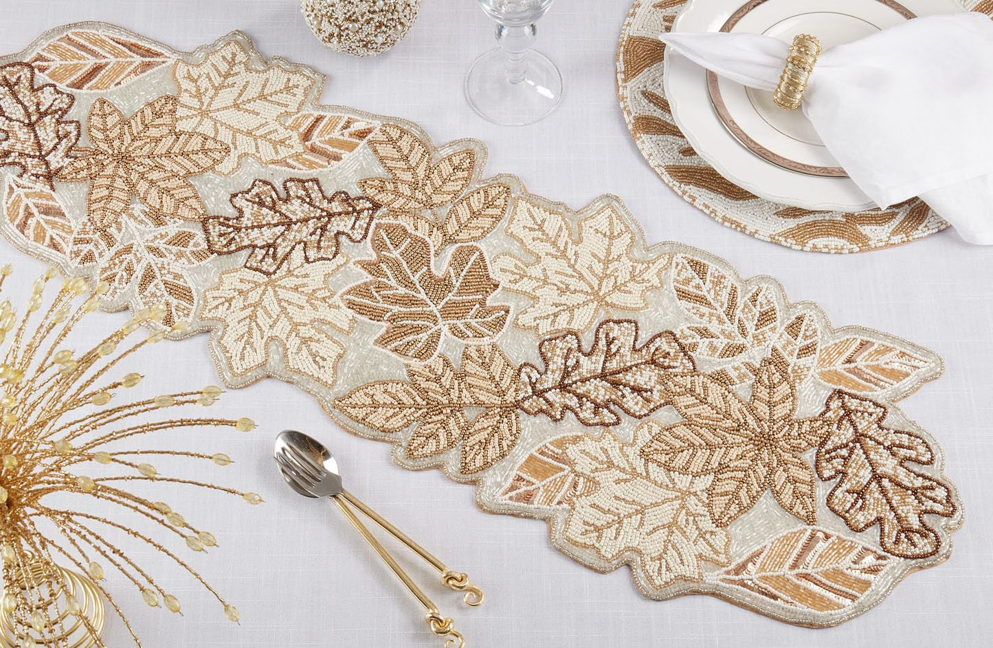 Fennco Styles Hand Beaded Fall Leaves Table Runner 12" W x 36" L - Gold Elegant Autumn Table Cover for Home Décor, Holidays, Family Gatherings, Banquets and Special Occasion