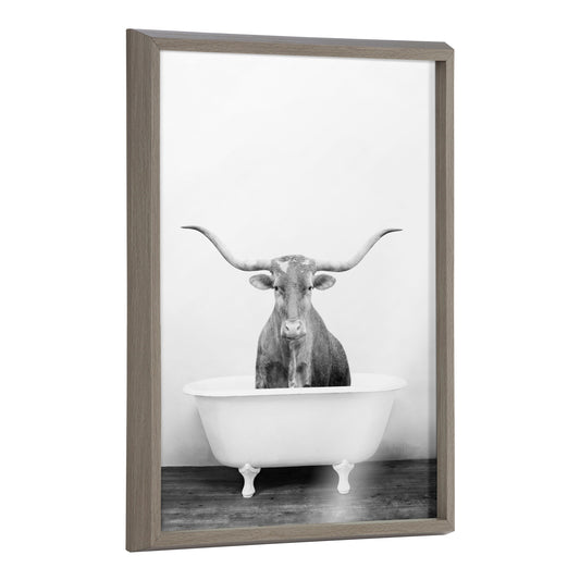 Blake Longhorn BW Bathroom Framed Printed Glass by Amy Peterson Art Studio
