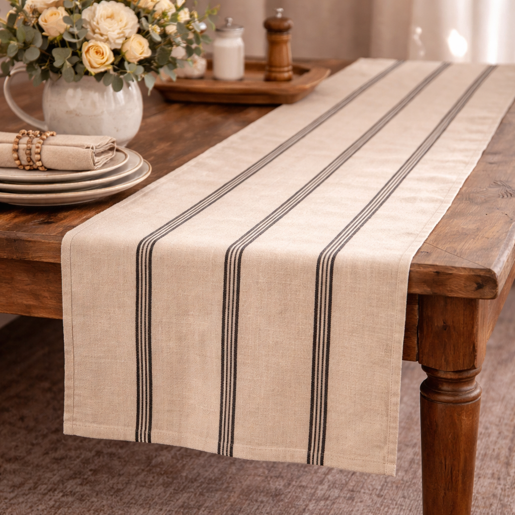 Cotton Black and Beige Striped Runner VagabondVintage