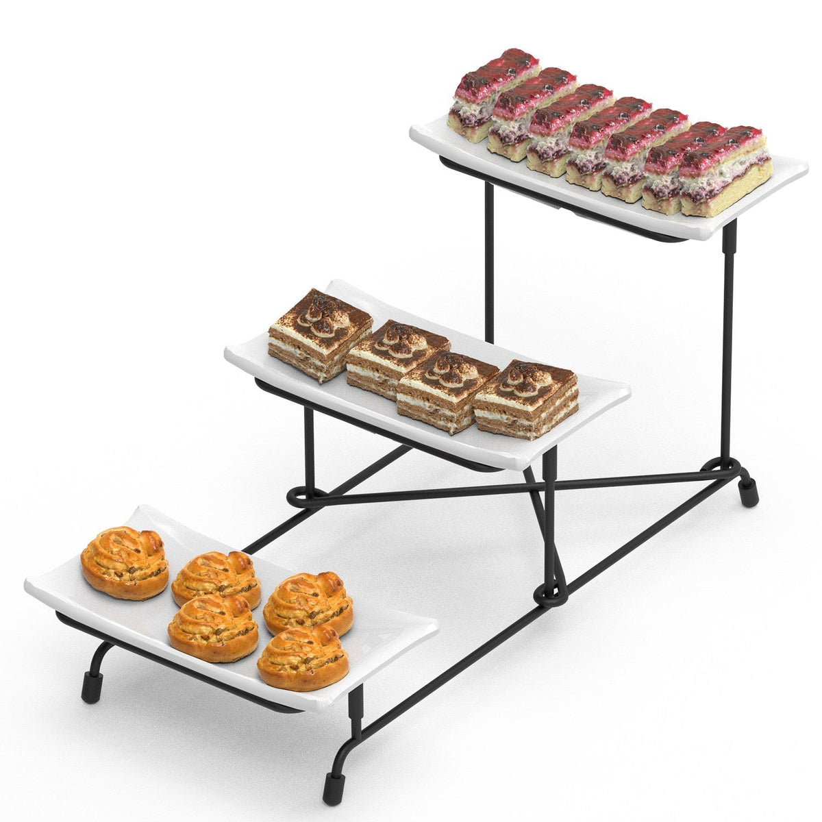 3-Tier Plastic Serving Tray Dessert Server Display Serving Stand Dinnerware with 3 Rectangular Plastic Serving Platters Metal Stand for Entertaining F GBruno Store