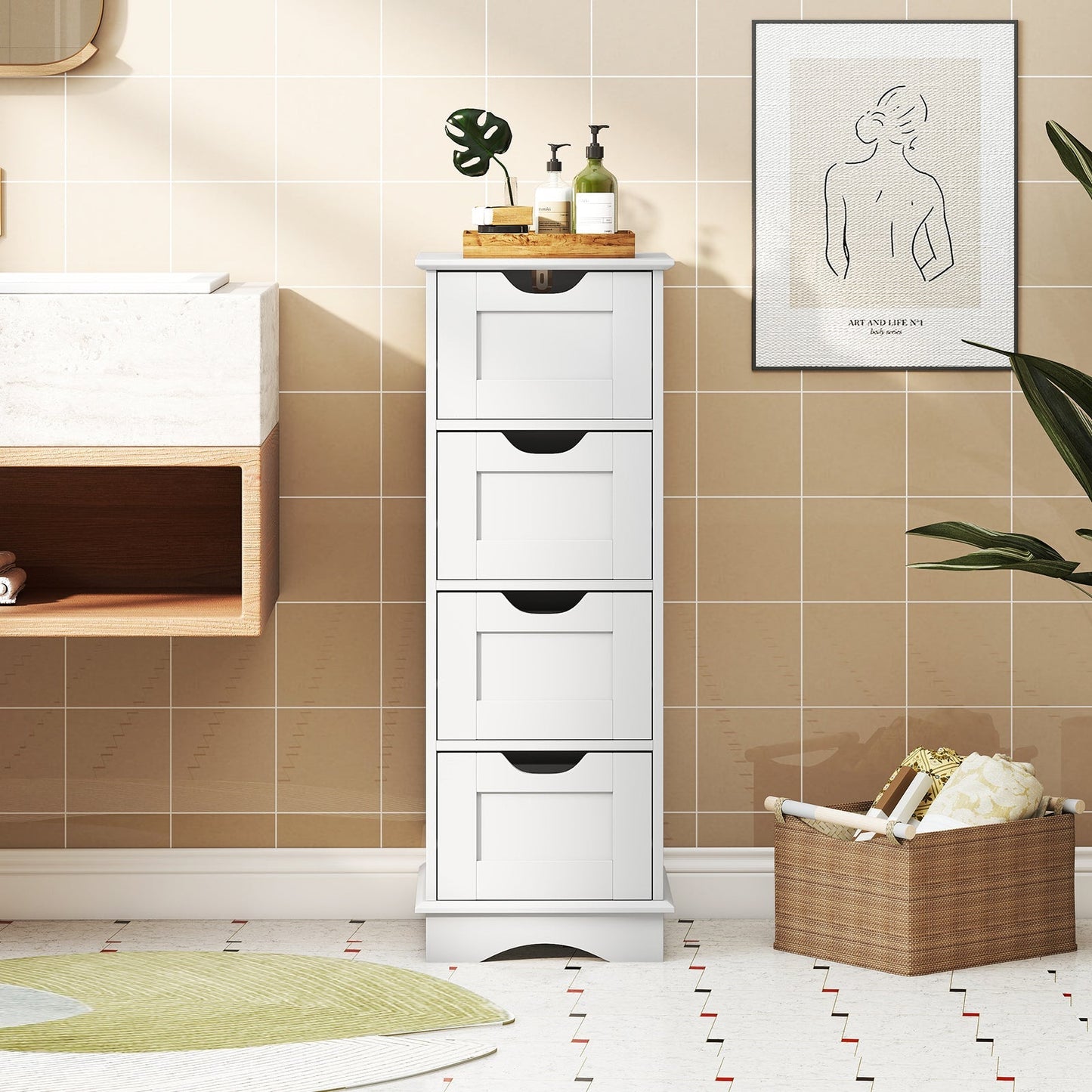Bathroom Storage Cabinet with Cutout Handles and 4 Drawers