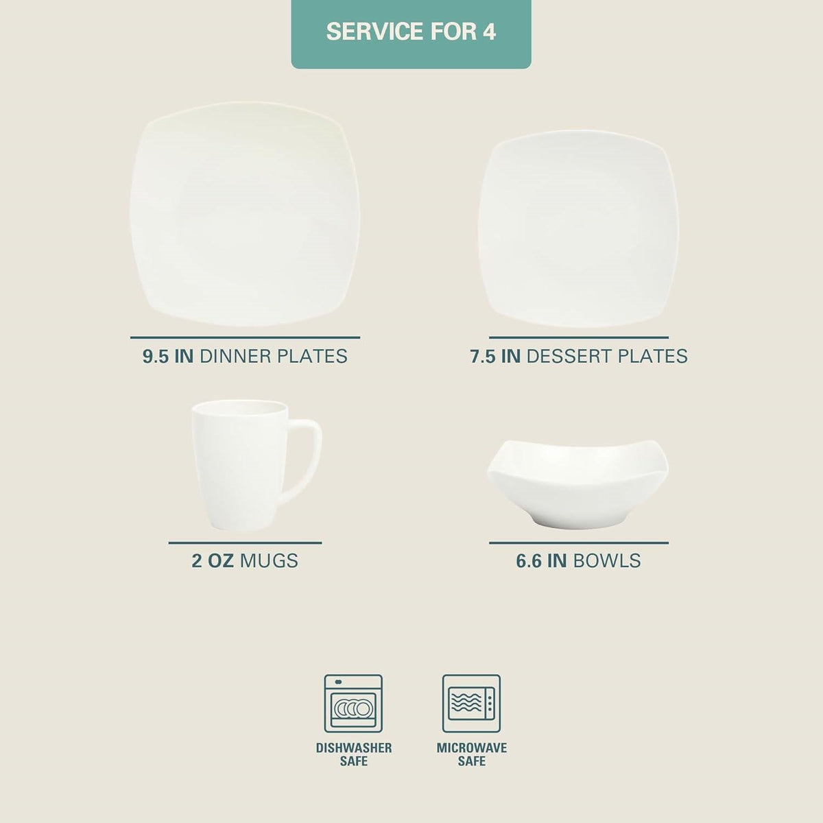16 Pieces - White Square Porcelain Dinnerware Set - Service for 4 HomePacific