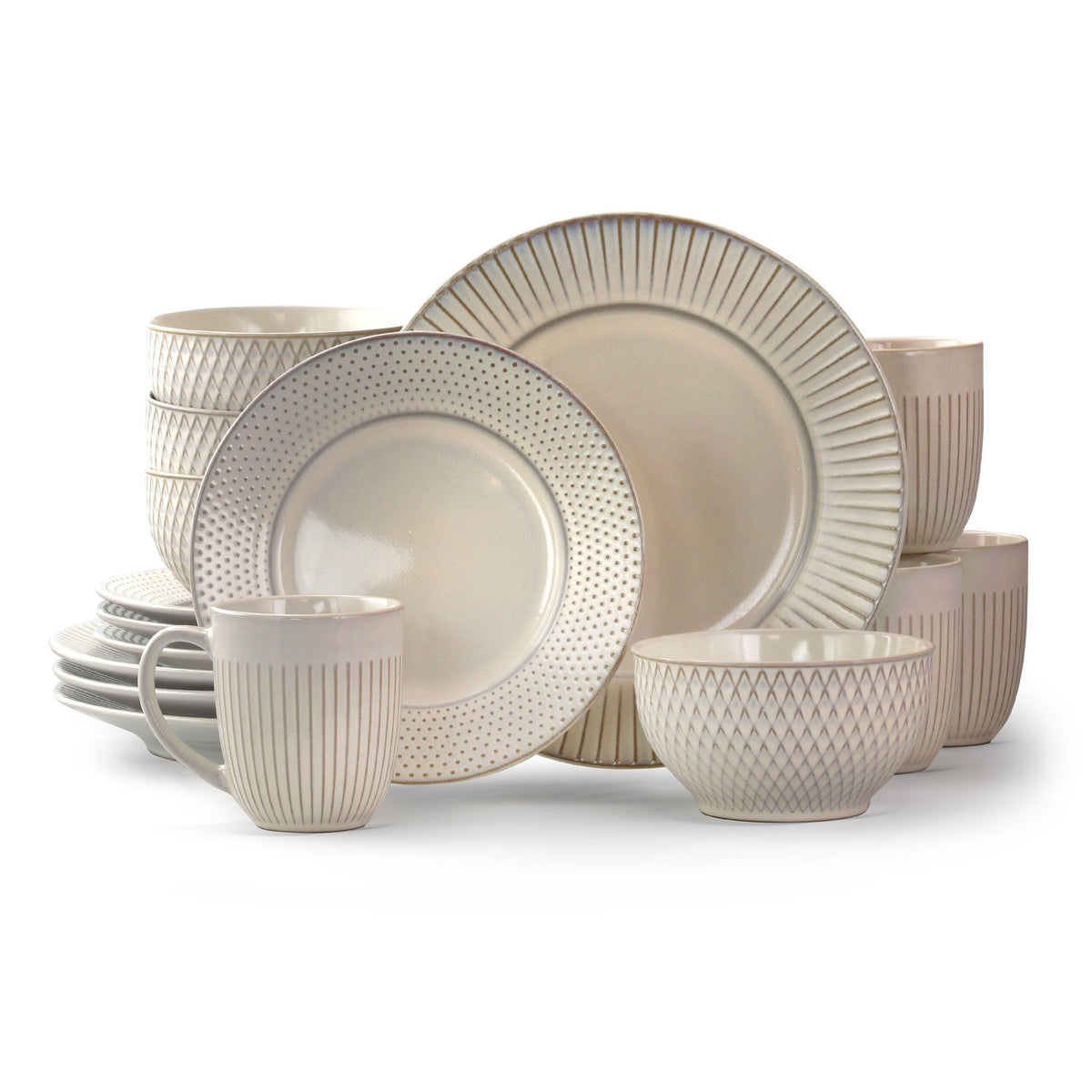 Elama Market Finds 16 Piece Round Stoneware Dinnerware Set in Embossed White The Shop On Spaulding