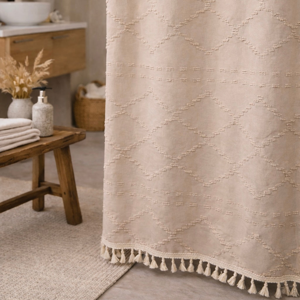 Valencia Tufted Beige Shower Curtain With Subtle Diamond Pattern For Boho Farmhouse Bathrooms