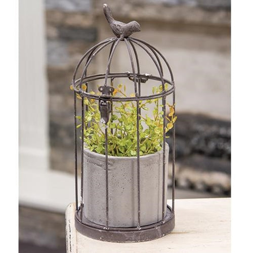 Birdcage Planter with Rustic Cement Pot Countryside Home Decor
