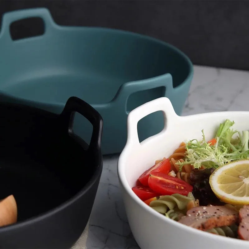 DecorBites™ Ceramic Double Handle Salad Bowl | Deep Porcelain Serving Dish