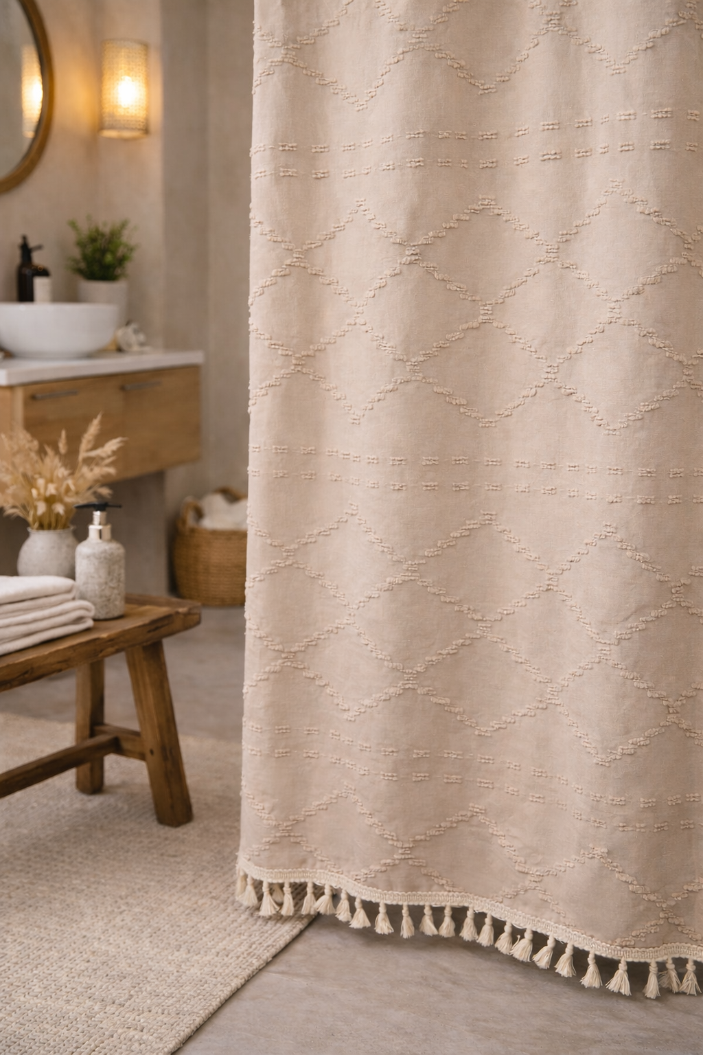Valencia Tufted Beige Shower Curtain With Subtle Diamond Pattern For Boho Farmhouse Bathrooms