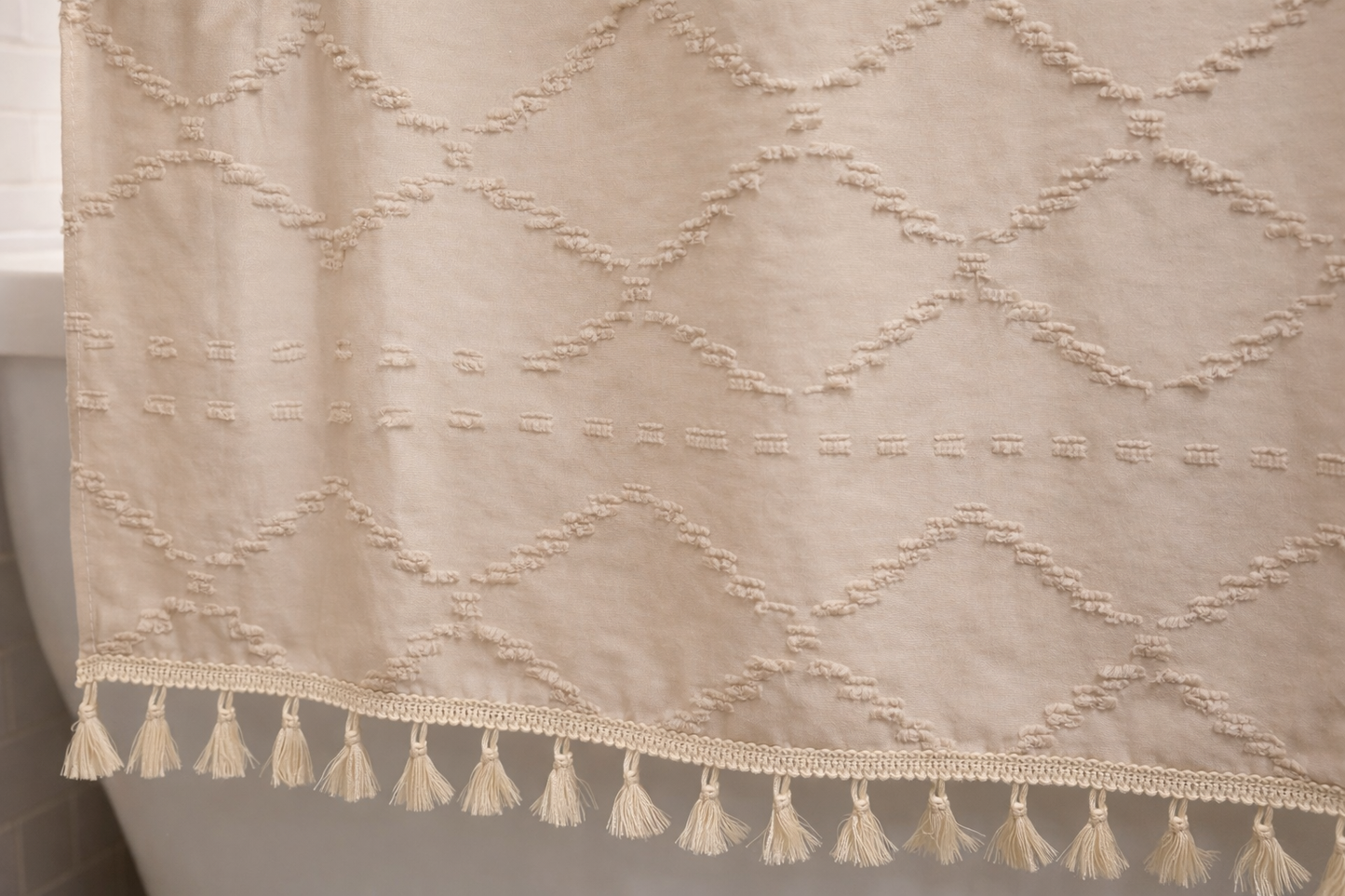 Valencia Tufted Beige Shower Curtain With Subtle Diamond Pattern For Boho Farmhouse Bathrooms