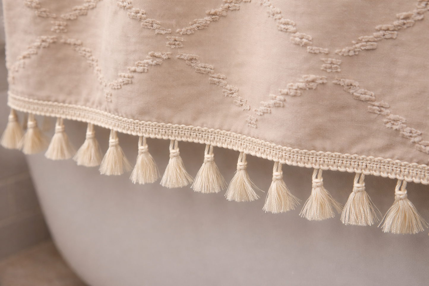 Valencia Tufted Beige Shower Curtain With Subtle Diamond Pattern For Boho Farmhouse Bathrooms