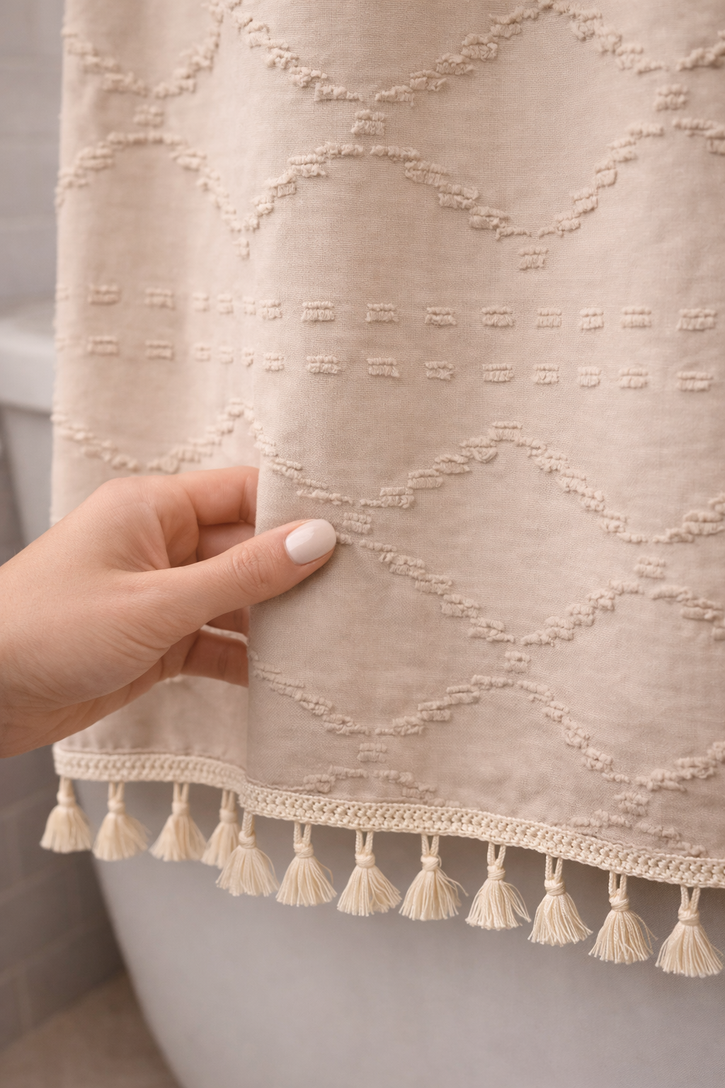 Valencia Tufted Beige Shower Curtain With Subtle Diamond Pattern For Boho Farmhouse Bathrooms