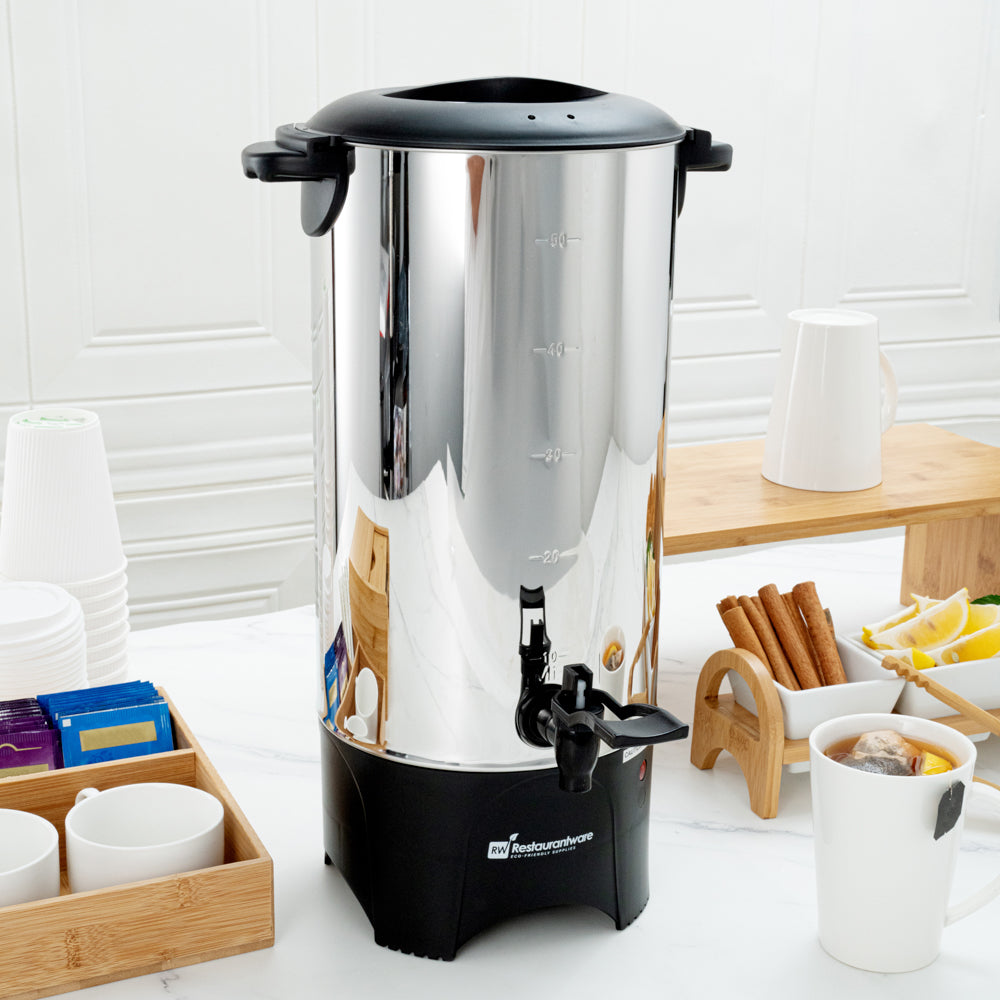 Restpresso 230 oz Silver 13/0 Stainless Steel Coffee Urn - 1000W, 46 Cup - 7 1/2" x 7 1/2" x 18" - 1 count box