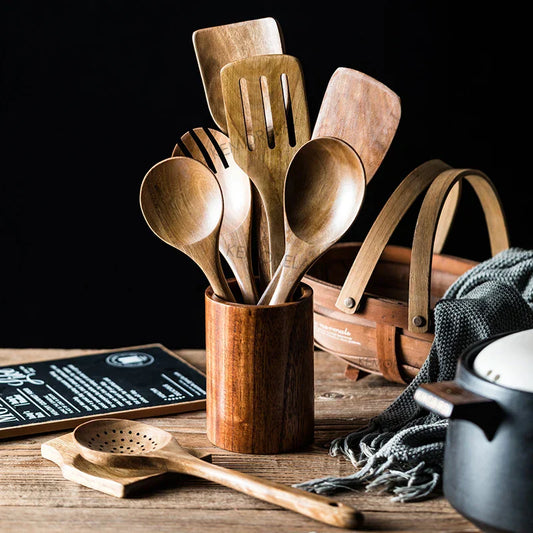 DecorBites™ 9-Piece Wooden Cooking Utensils Set with Holder - Teak Kitchen Tools
