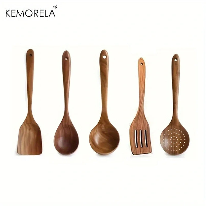 DecorBites™ 5PCS Teak Wooden Cooking Spoon Set - Natural Kitchen Tableware Tools
