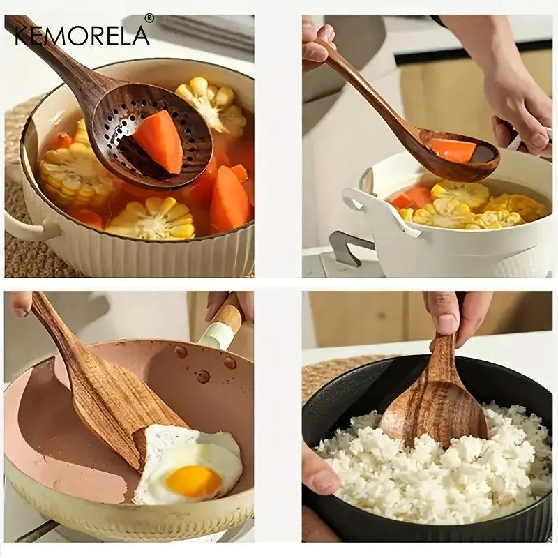 DecorBites™ 5PCS Teak Wooden Cooking Spoon Set - Natural Kitchen Tableware Tools