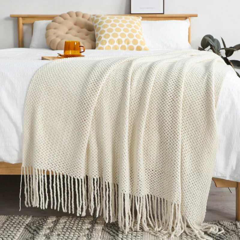 DecorBites™ Knitted Leisure Blanket Throw - Cozy Sofa Cover and Bed End Towel with Tassels
