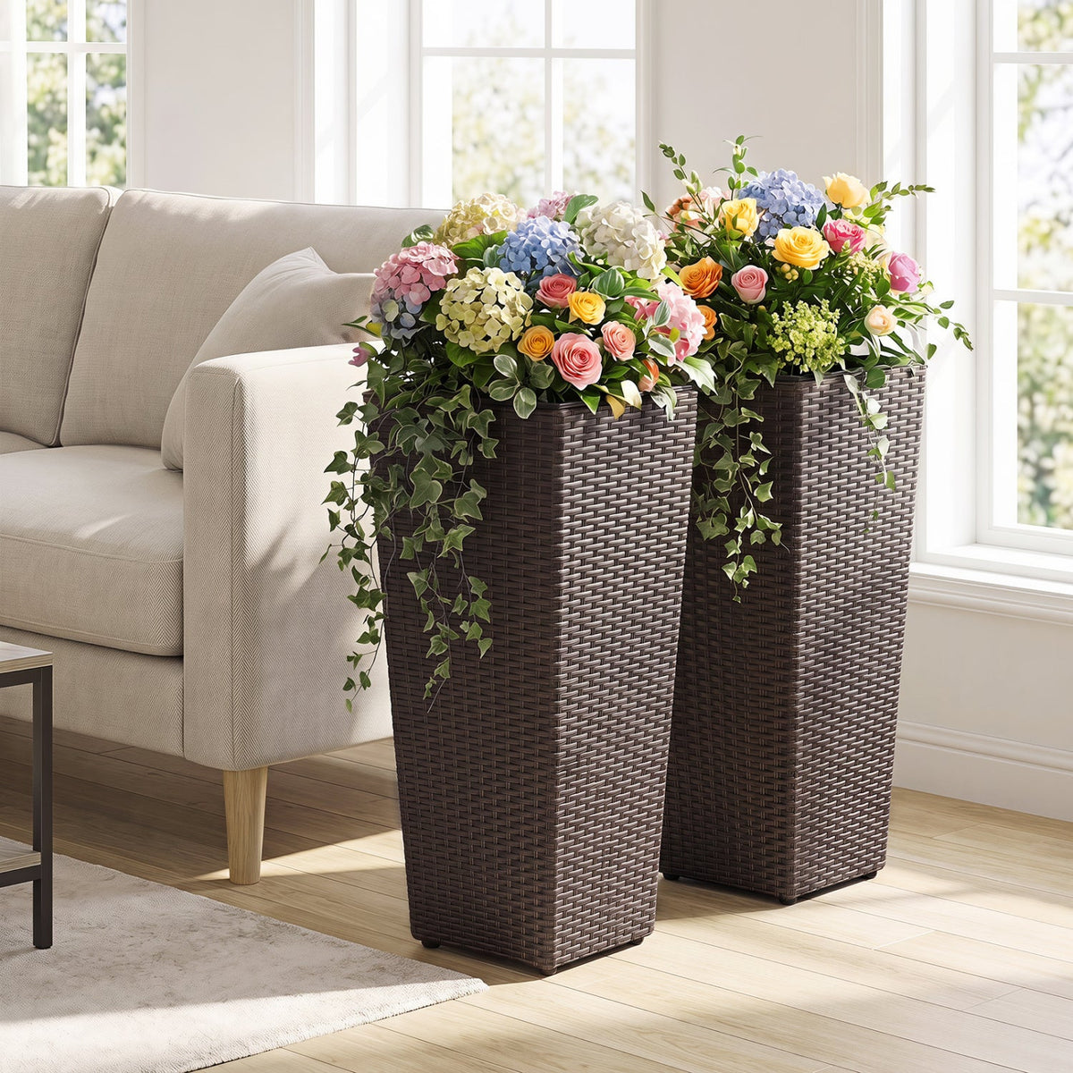 Tall Rattan Plant Pots with Liners - Set of 2 DirectDeals