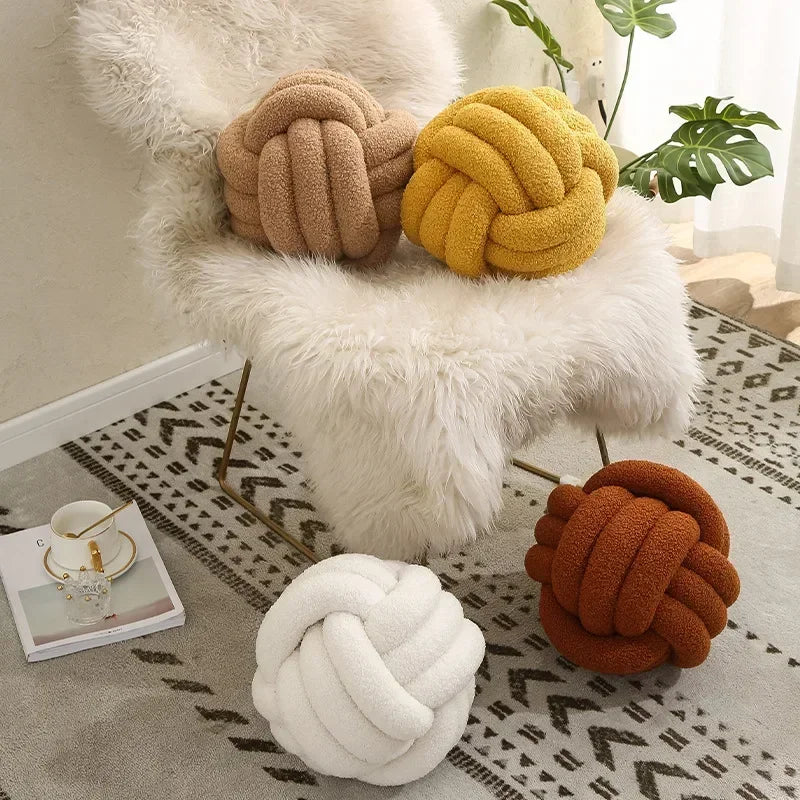 DecorBites™ Lamb Fleece Sofa Bed Pillows, High-End Knotted Ball Cushions for Elegant Living Room Decor