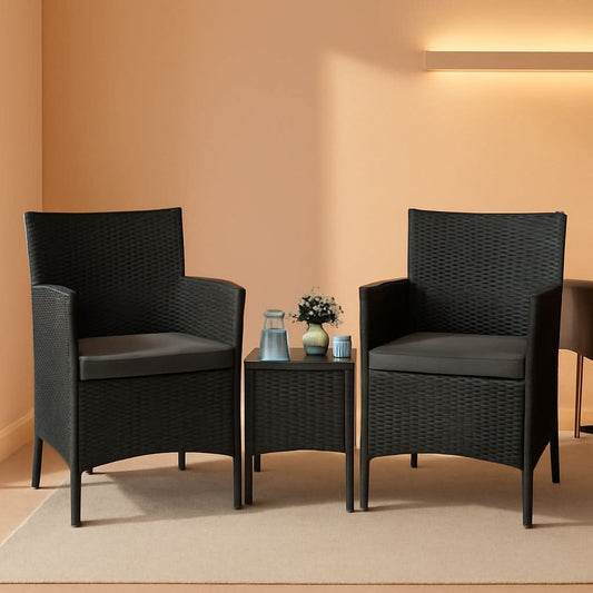 3 Piece Outdoor PE Rattan Wicker Patio Furniture Set With Soft Cushions And Glass Coffee Table ShipItFurniture