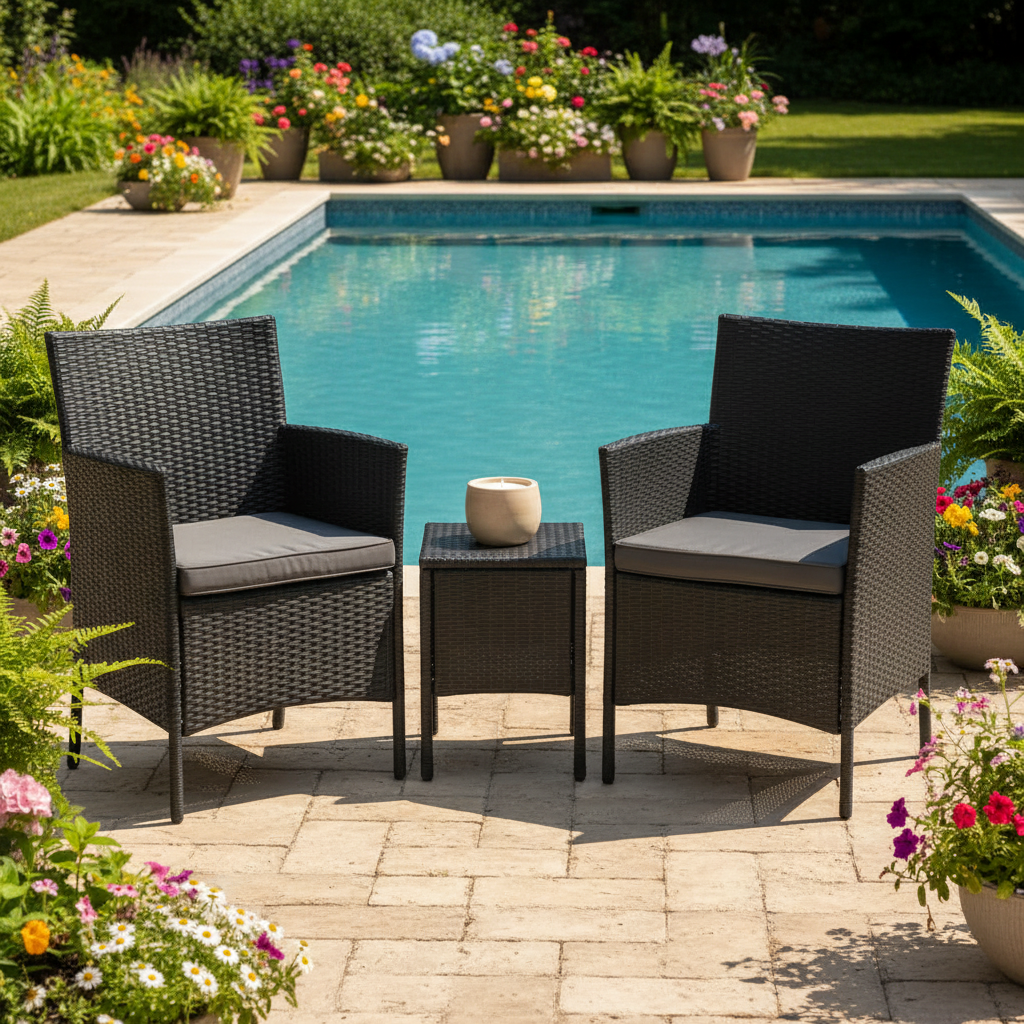 3 Piece Outdoor PE Rattan Wicker Patio Furniture Set With Soft Cushions And Glass Coffee Table
