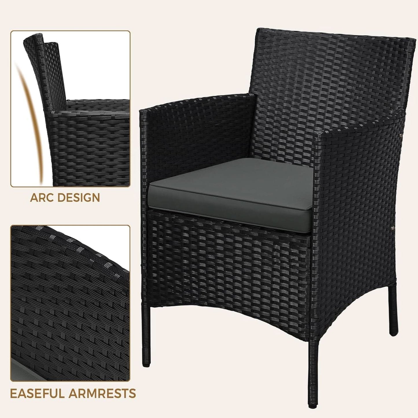 3 Piece Outdoor PE Rattan Wicker Patio Furniture Set With Soft Cushions And Glass Coffee Table