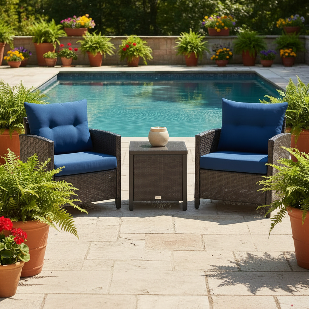 Three Piece Patio Furniture Set With Washable Cushions And Tempered Glass Tabletop Navy Blue