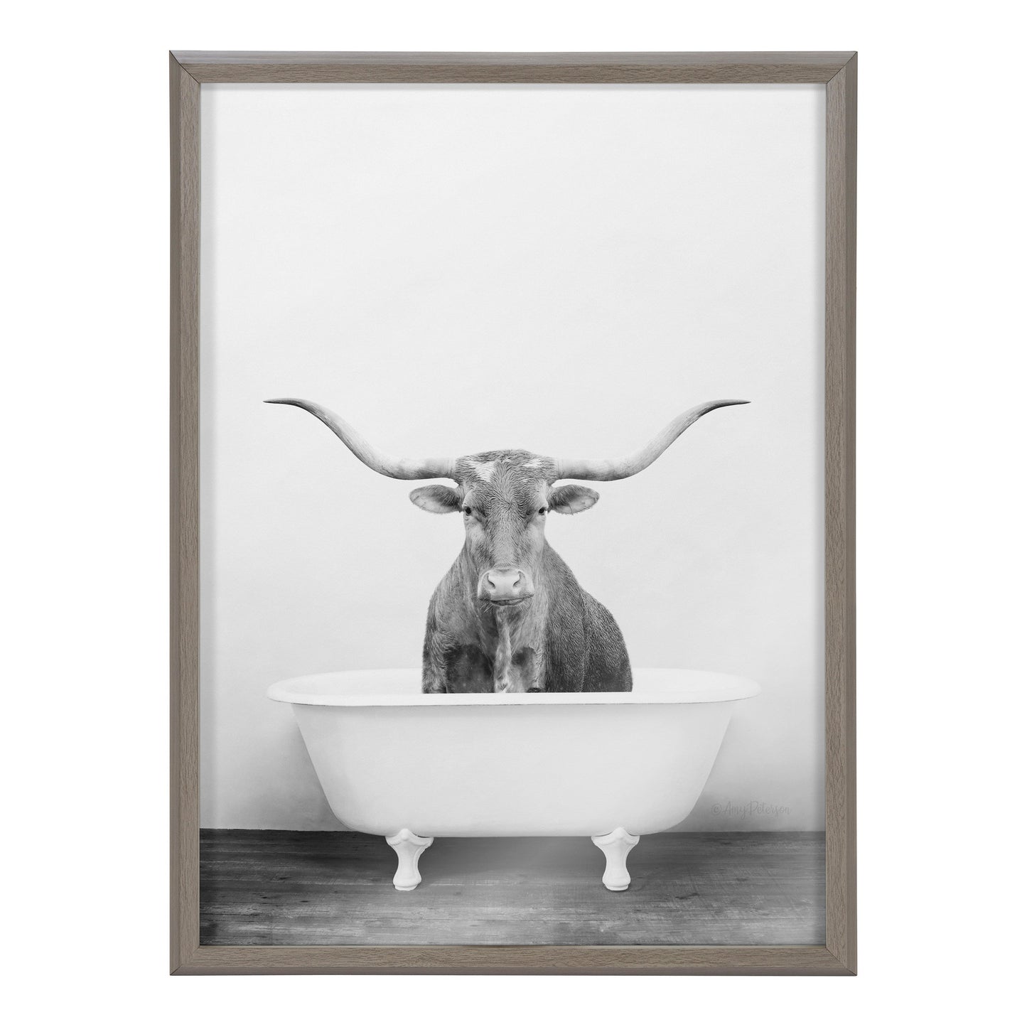 Blake Longhorn BW Bathroom Framed Printed Glass by Amy Peterson Art Studio