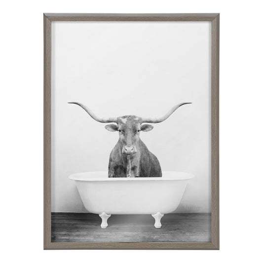 Blake Longhorn BW Bathroom Framed Printed Glass by Amy Peterson Art Studio