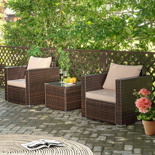 3 Piece Outdoor Patio Furniture Set Rattan Wicker With Washable Cushions And Tempered Glass Tabletop ShipItFurniture