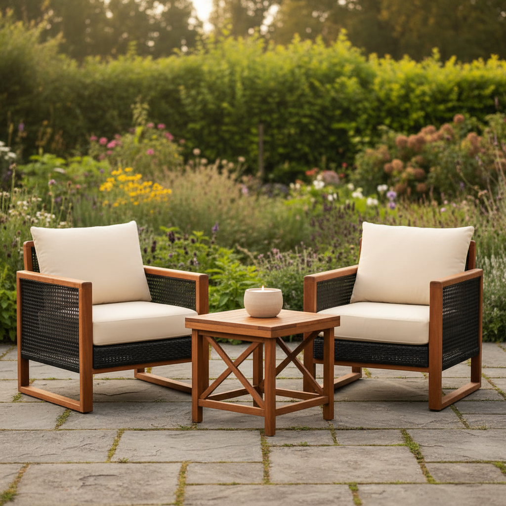 3 Piece Outdoor Patio Furniture Set With Wicker Chairs And Coffee Table Washable Cushions Acacia Wood Frame
