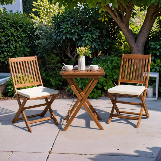 3 Piece Patio Folding Bistro Set With 2 Cushions Acacia Wood Outdoor Furniture For Pool And Garden ShipItFurniture