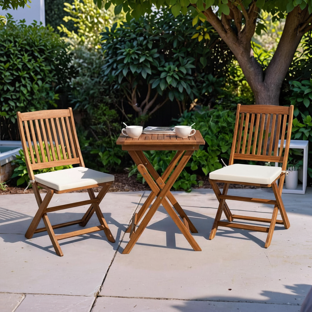 3 Piece Patio Folding Bistro Set With 2 Cushions Acacia Wood Outdoor Furniture For Pool And Garden