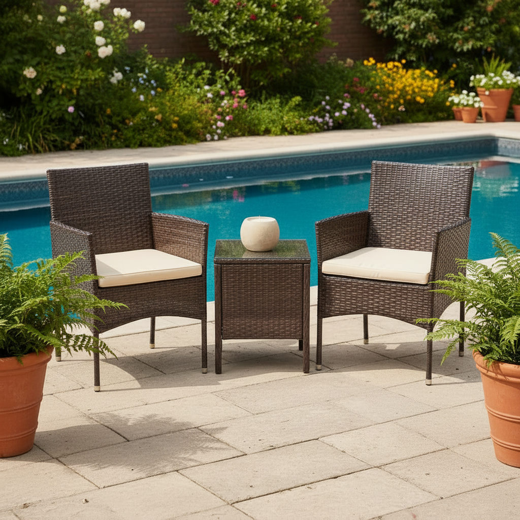 3 Piece Patio Dining PE Rattan Wicker Chair Set With Cushions And Glass Coffee Table Outdoor Brown Beige