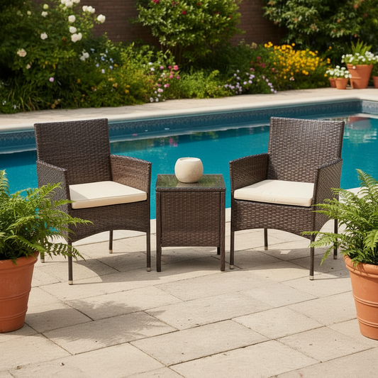 3 Piece Patio Dining PE Rattan Wicker Chair Set With Cushions And Glass Coffee Table Outdoor Brown Beige
