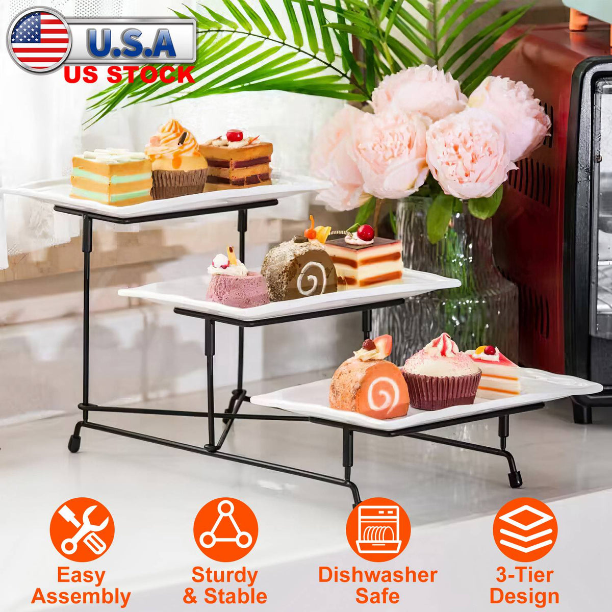 3-Tier Plastic Serving Tray Dessert Server Display Serving Stand Dinnerware with 3 Rectangular Plastic Serving Platters Metal Stand for Entertaining F GBruno Store