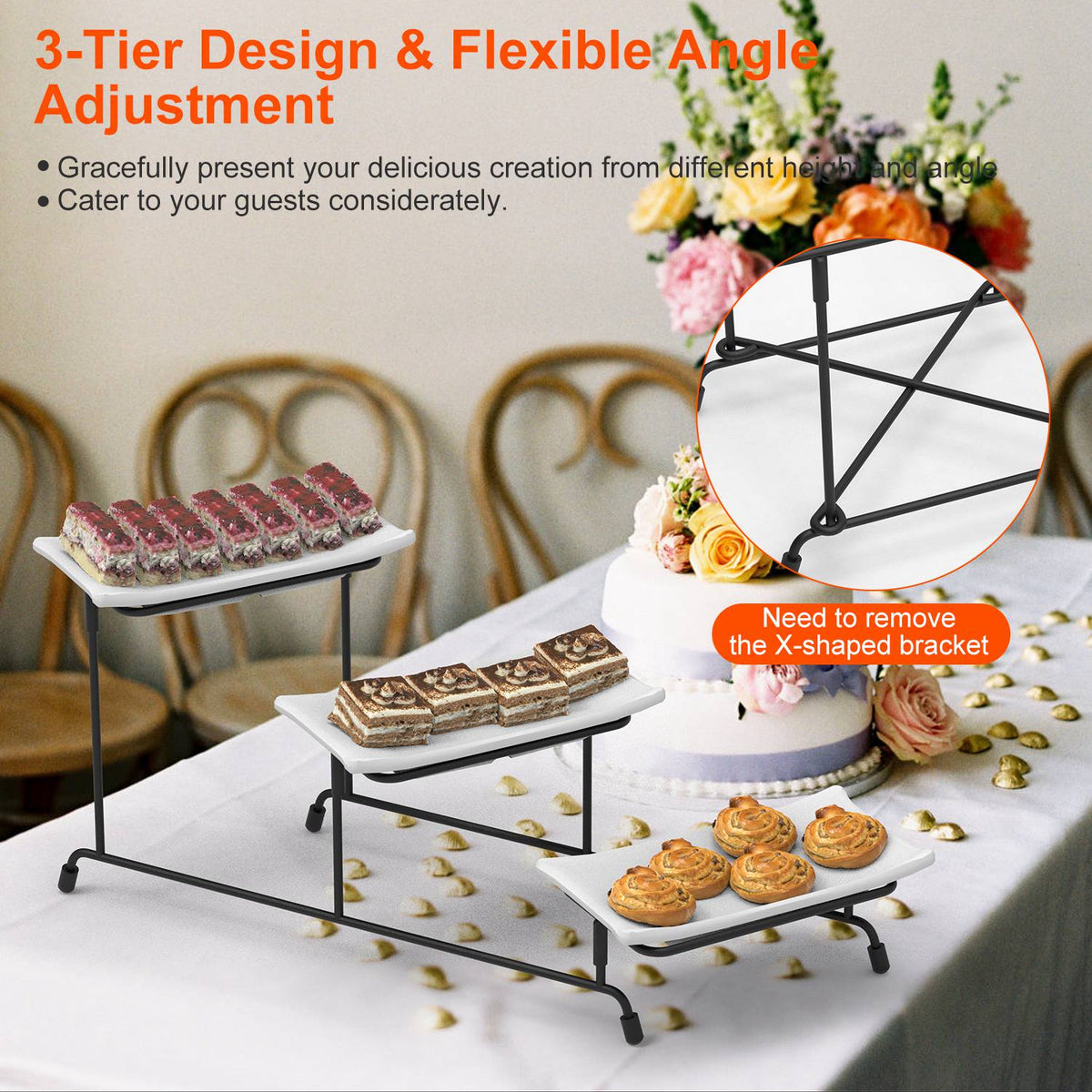 3-Tier Plastic Serving Tray Dessert Server Display Serving Stand Dinnerware with 3 Rectangular Plastic Serving Platters Metal Stand for Entertaining F GBruno Store