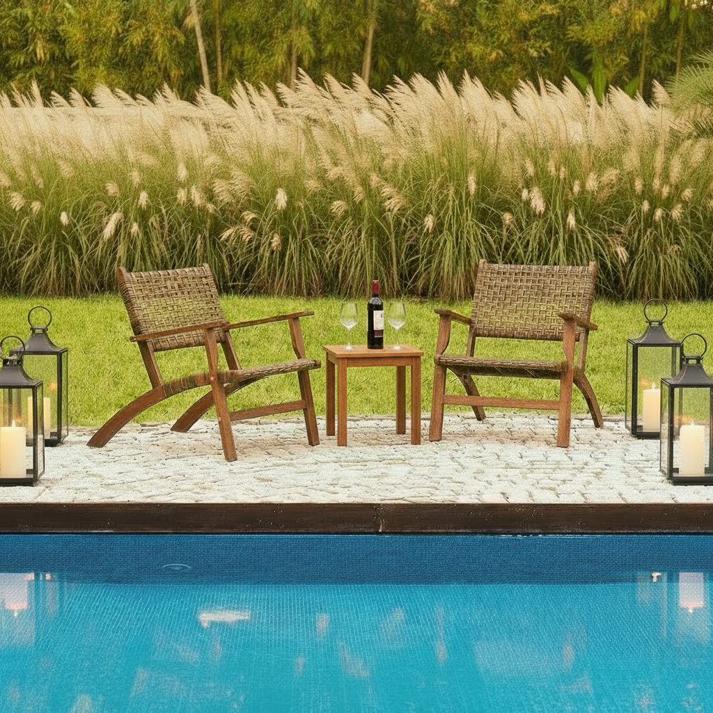 3 Piece Patio Conversation Set With Solid Eucalyptus Wood Frame And Brown Rattan Wicker