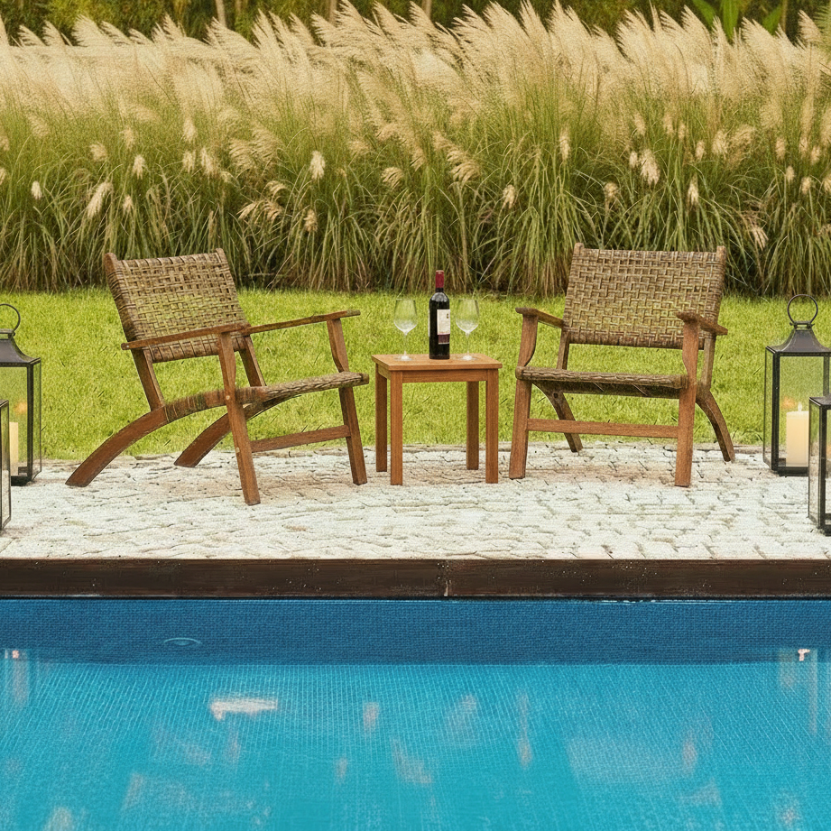 3 Piece Patio Conversation Set With Solid Eucalyptus Wood Frame And Brown Rattan Wicker