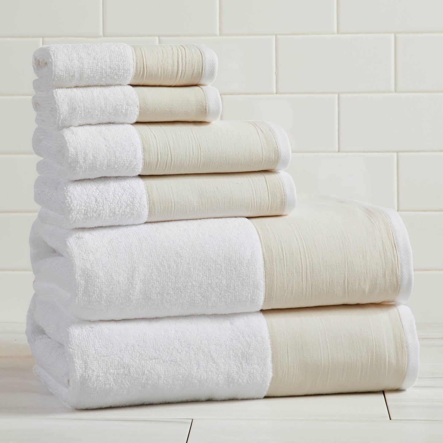Priya Collection Six Piece Cotton Towel Set With Linen Like Border Zero Twist Combed Cotton