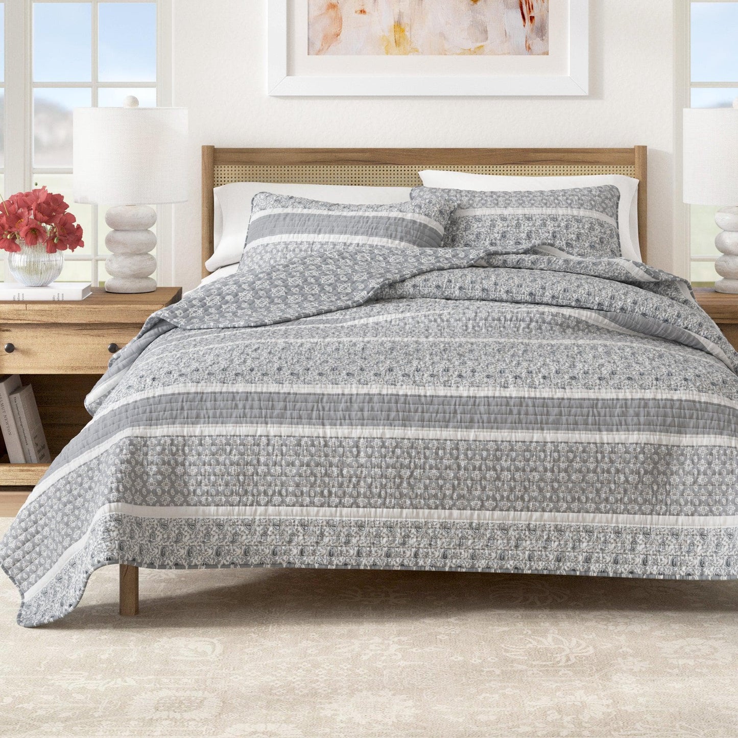 3 Piece Stripe Quilt Set Kadi Collection Soft Polyester Bedding For Bedroom Decor