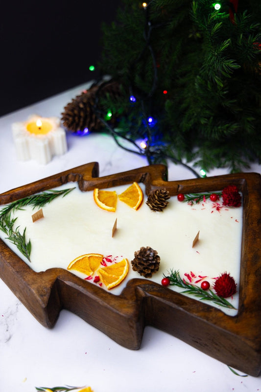 Large Christmas Tree Wooden Dough Bowl Scented Candle – Handcrafted Soy Wax Holiday Decor & Gift