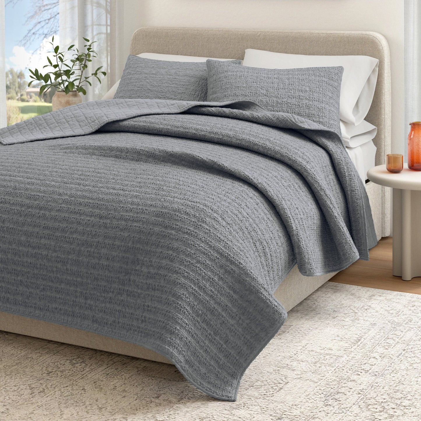 100 Percent Cotton Honeycomb Waffle Quilt Set Garment Washed Genevieve Collection