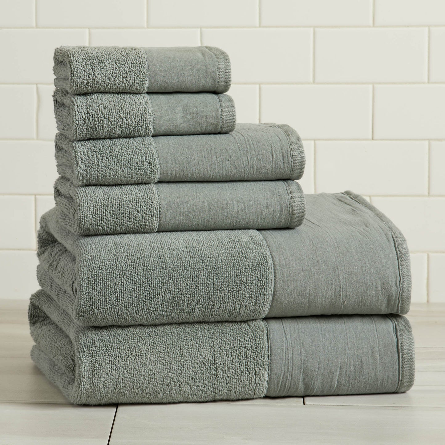 Priya Collection Six Piece Cotton Towel Set With Linen Like Border Zero Twist Combed Cotton