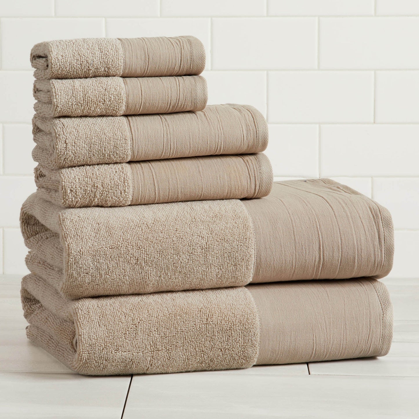 Priya Collection Six Piece Cotton Towel Set With Linen Like Border Zero Twist Combed Cotton
