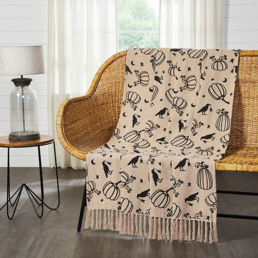 Midnight Harvest Pumpkin & Raven Woven Throw Blanket – 50" x 60" Cozy Fall Accent