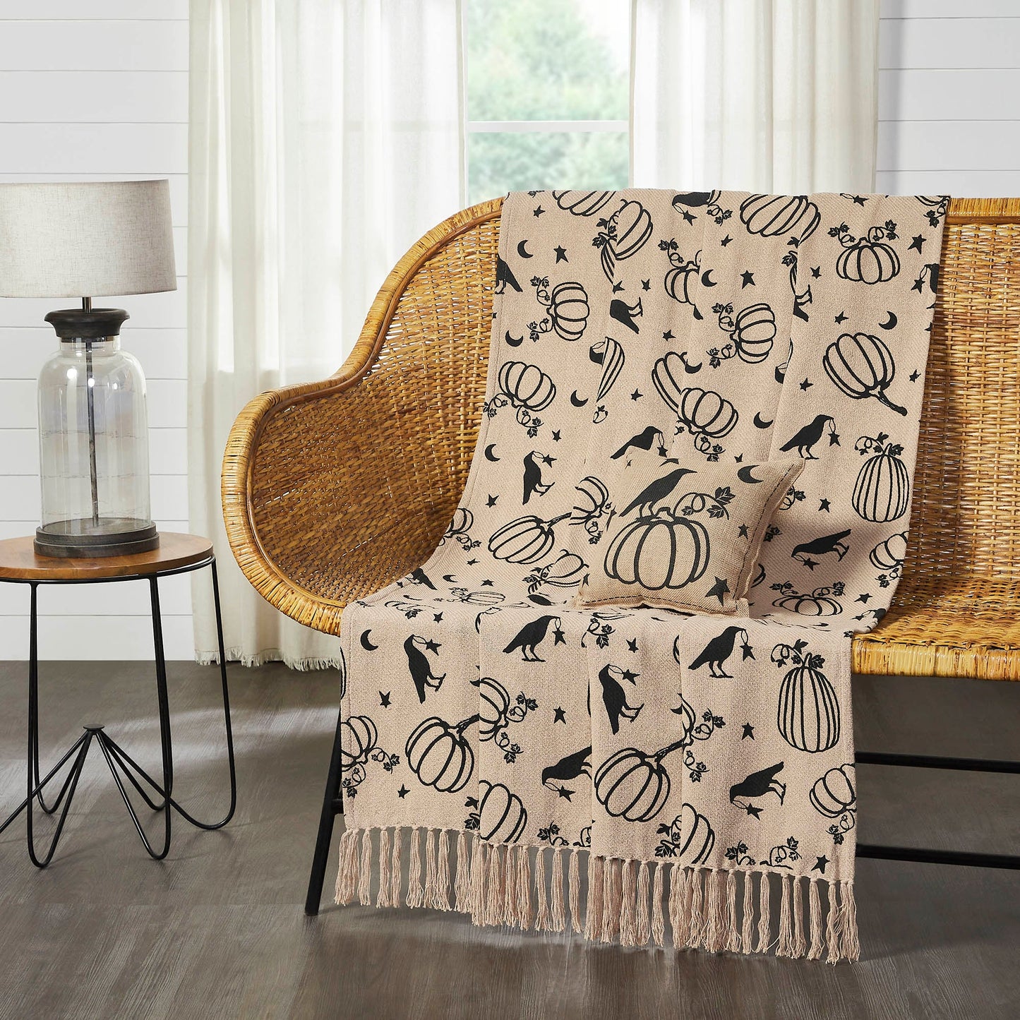 Midnight Harvest Pumpkin & Raven Woven Throw Blanket – 50" x 60" Cozy Fall Accent