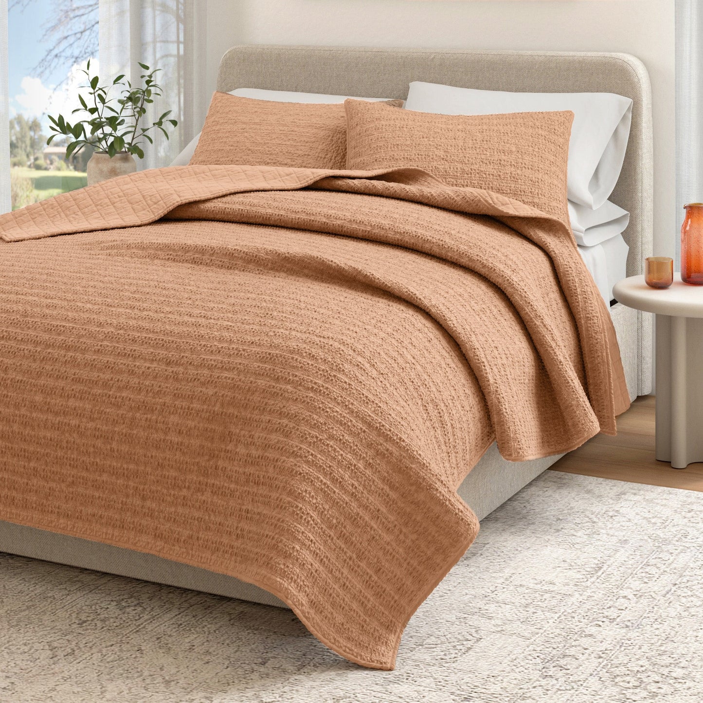 100 Percent Cotton Honeycomb Waffle Quilt Set Garment Washed Genevieve Collection